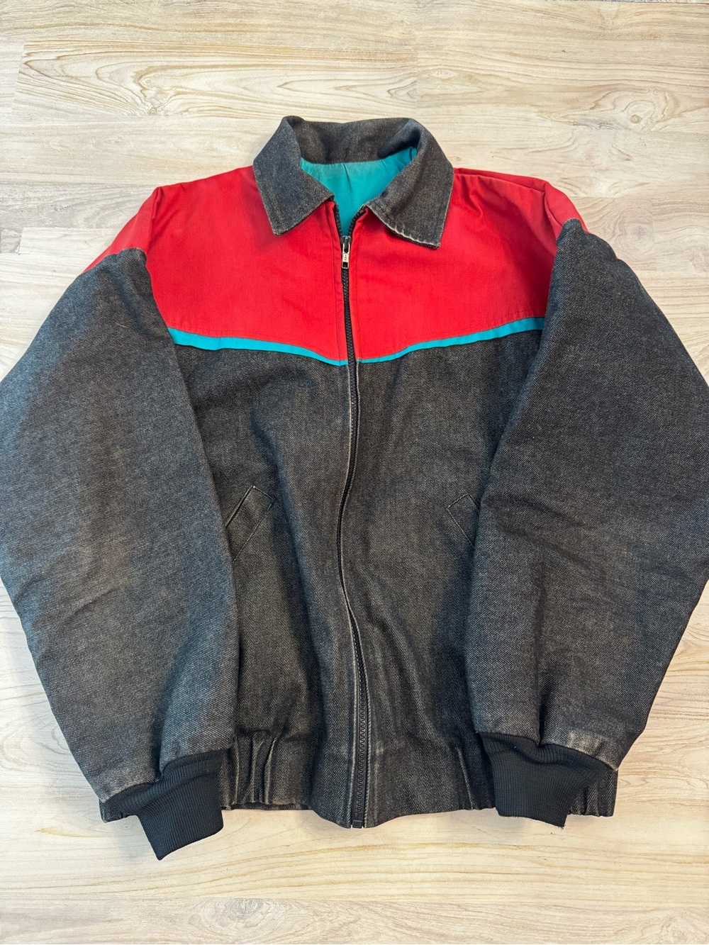 Vintage Western 90s Men's Colorblock Bomber Jacket Red & Charcoal and Teal Trim